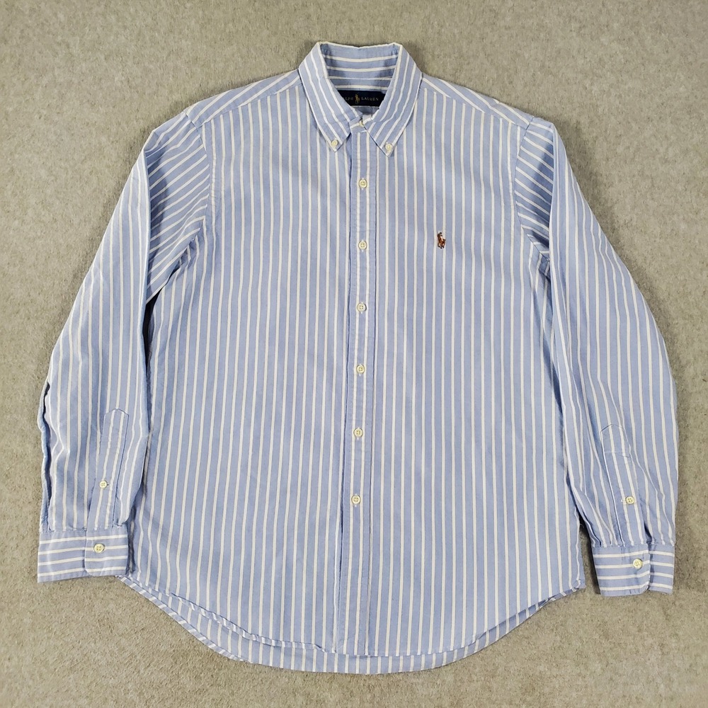 Polo Ralph Lauren Mens Large Blue White Striped Oxford Button Down Shirt OCBD